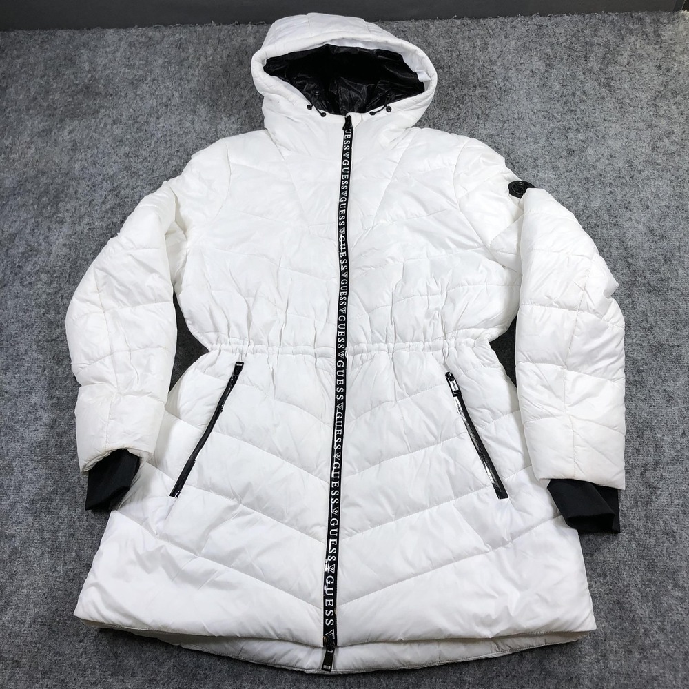 GUESS Coat Womens L White Puffer Hooded Quilted Full Zip Elastic Waist Winter